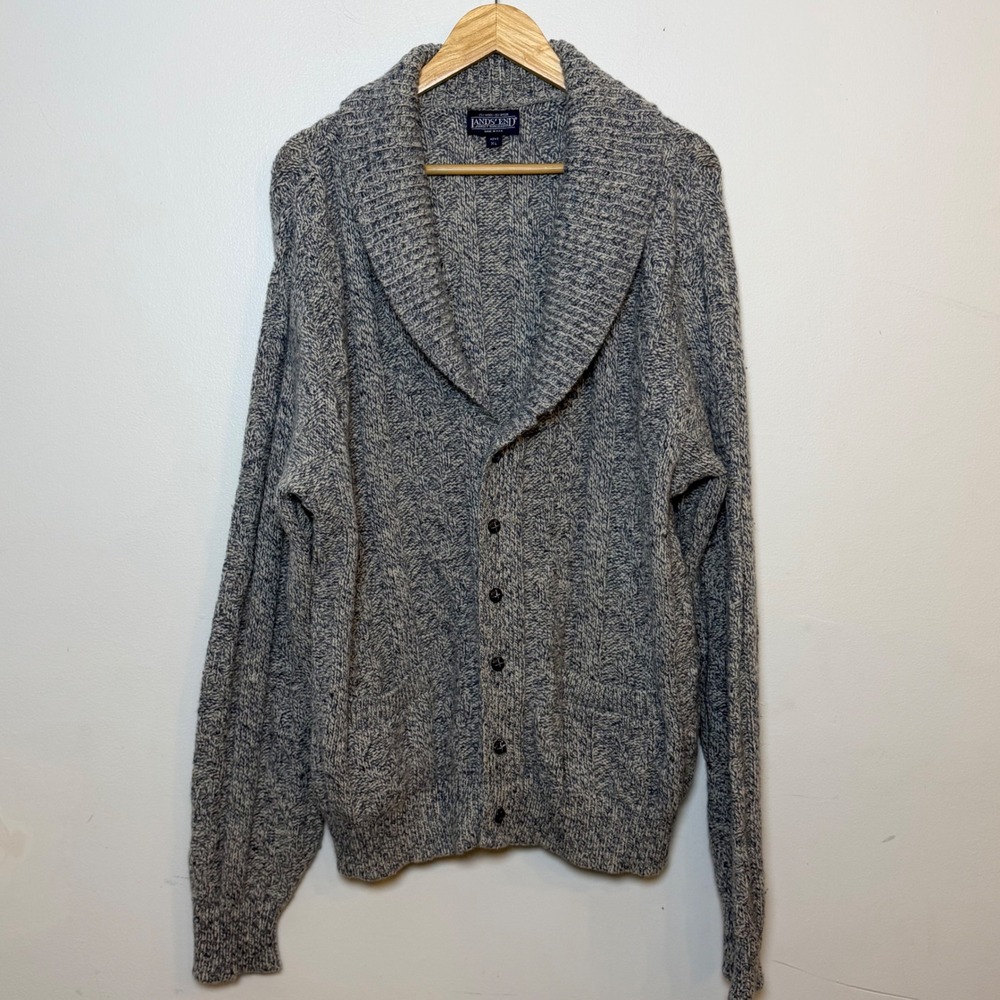 Vtg Lands' End Shawl Collar Cardigan Sweater XL Gray Wool Blend USA W/ YARN CARD